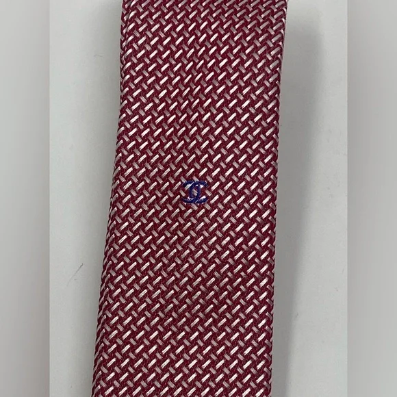 Vintage Chanel Men’s Tie Red Geometric Blue CC Logo Cotton Silk Italy - Picture 2 of 9